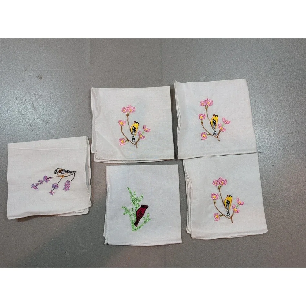 Vintage Embroidered Bird Handkerchiefs Lot of 5 Floral White Cotton Cottagecore